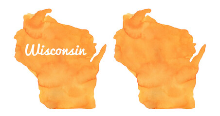 Watercolour illustration set of Wisconsin State Map Silhouette, two variations: blank template and with text lettering. Hand painted water color sketch, cutout clip art elements for design decoration.