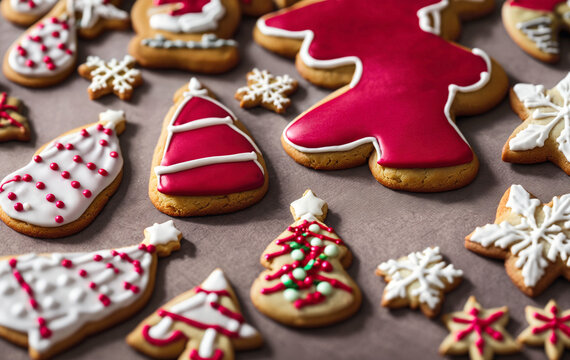 Christmas cookies composition, gingerbread cookies, Generative AI image