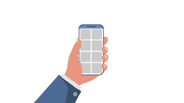 Smartphone in a man's hand. Viewing visual content. Finger scrolling. Green screen. Mobile phone. Social networks. Internet. Communication. White background. Design element.