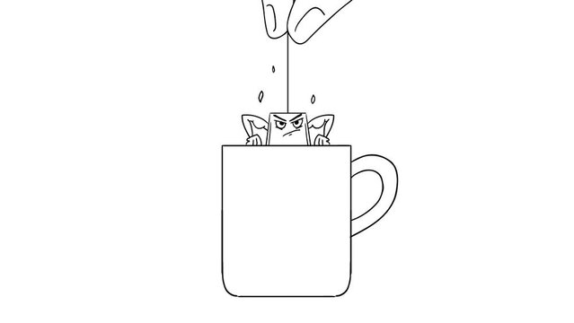 Disposable tea bag. Funny miniature. Strongman. Workout. The taste of tea. The drink is brewing. Healthy food advertisement. Animation.
