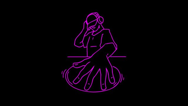DJ plays music. The hand spins the disk. Electonic music. Musician. Artist. Night club. Relaxation. Relax. Pastime. Line drawing.