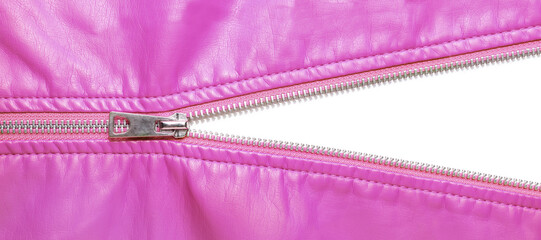 Pink leather texture and open metal zipper isolated on white background. Business background,...