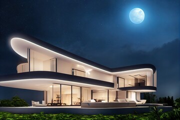 A modern dream villa with bright light curved moon