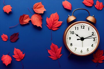 Alarm clock and autumn leaves on blue background