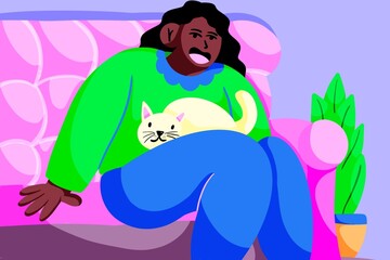 Woman smiles at her pet lying on her lap