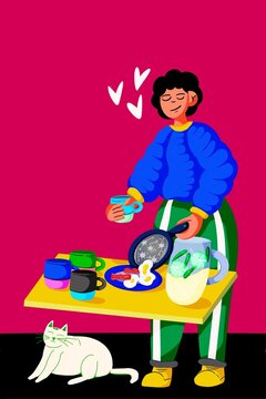 Young woman enjoys preparing his breakfast in the morning
