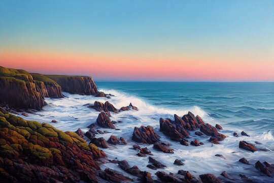 Beautiful hyper-realistic coastal cliffs painting