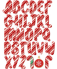 Candy cane sugar cookies alphabet letters set for Christmas Holiday in red and white bubble font on transparent isolated background with big bite eaten out of each letter