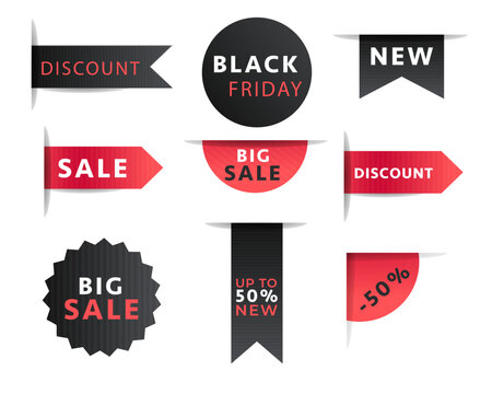 Collection of black and red different shape price tag label badges with sale discount offer design element