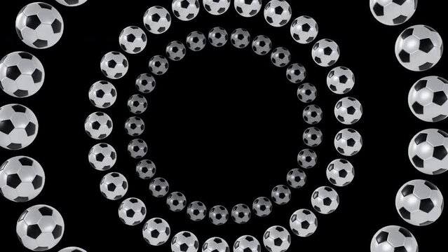 Rotating circles of football balls tunnel seamless animation background