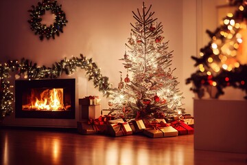 Christmas Treewith gifts and Decorations Near a Fireplace