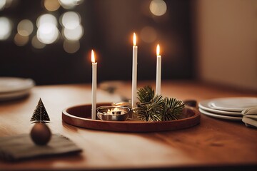 Close-up Modern wood dining tabletop with small Chrismas tree