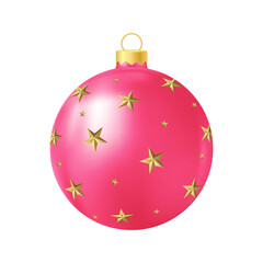 Pink Christmas tree toy with golden stars Realistic color illustration