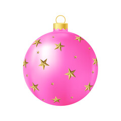 Pink Christmas tree toy with golden stars Realistic color illustration