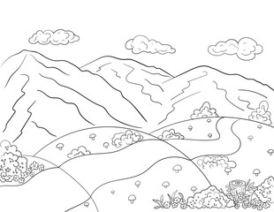 Mountain landscape coloring book page. Mountains with trail, bushes, berries, flowers and mushrooms. Outline, sketch.