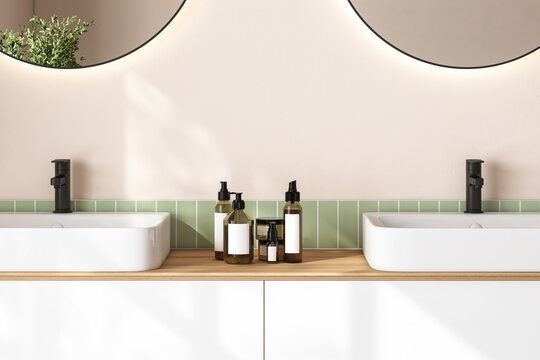 3D render close up white vanity counter with ceramic washbasin and modern style faucet in a bathroom with morning sunlight and shadow. Blank space for products display mockup. Background, Wall tiles.