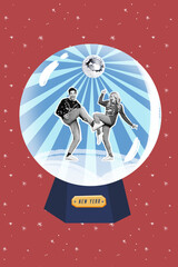 Vertical collage image of two excited mini black white gamma people dancing inside snow globe...
