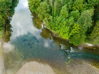 Naklejka na ściany i meble Aerial view of unspoiled river with green conifer trees in the background