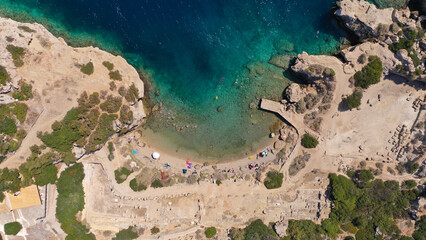 Aerial drone photo of famous archaeological site of Heraion in Cape Melagavi featuring a small...