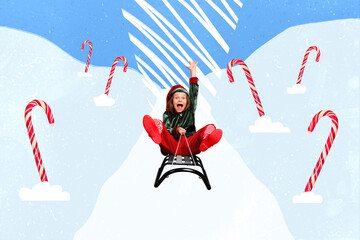 Creative collage picture of excited overjoyed girl have fun sledding snow slope isolated on painted...