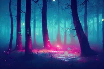 illustration of mystical woods surrounding a small neon foggy lagoon, surrounded by carbonated glowing mist, carbonated fireflies, carbonated glowing light