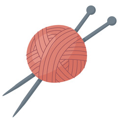 Yarn ball and knitting needles. Hobby knitwork, handicraft, crocheting, hand-knitting. Cartoon illustration
