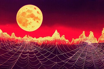 kaleidoscopic spiderweb causeway manifold of spooky mountains , spiral moon glitch, Halloween fusion