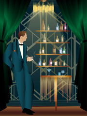 A man with a glass of alcohol on the background of the bar shelves with alcohol. Vector illustration
