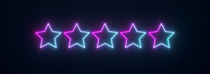 5 stars rating sign frame, neon light background, 3d render, panoramic image