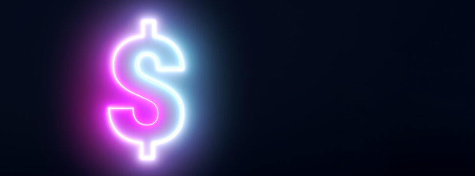 Neon Dollar Sign, 3d Render, Panoramic Layout