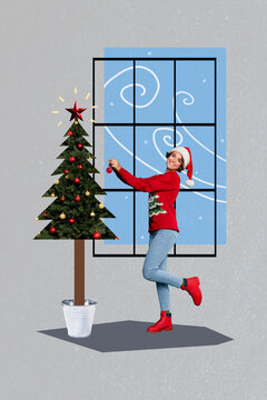 Vertical collage picture of excited positive girl hanging toys newyear tree painted house interior isolated on drawing background
