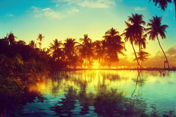 Fototapeta na wymiar lush tropical lagoon sunset