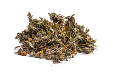 Dry tea leaves and dry fruit isolated on white background.