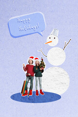 Vertical collage picture of two excited funky kids hold mini decorated tree sledge big snowman...