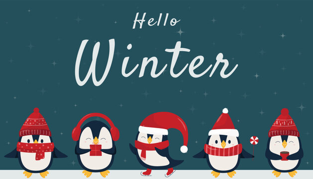 Hello winter - christmas pinguins in flat style. Winter pinguins in red hats and scarf on dark night background. Merry Christmas concept with cute cartoon birds