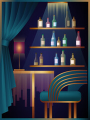 Obraz premium single table in a cafe. Bar counter with drinks. Cozy place for singles. vector illustration