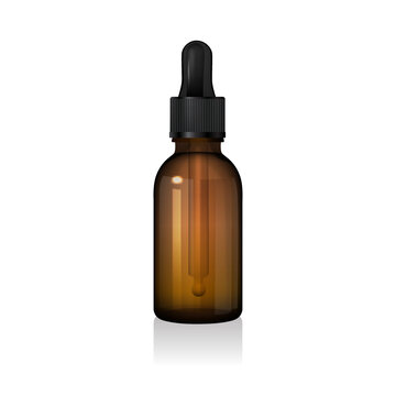 Blank brown glass dropper bottle with black pipette isolated on white background. Dark amber glass package. Serum dispenser. 3d vector mockup template. Dropper for skincare products, natural cosmetic