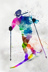 Fototapeta na wymiar Cross-country skiing. Watercolor illustration of a cross-country skier