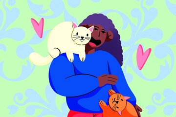 Woman with lush purple hair gives love to her white cat and her orange cat