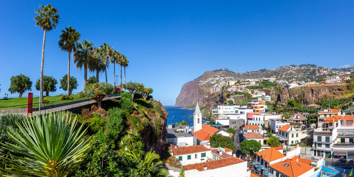 View on the town of Camara de Lobos with church panorama on Madeira island in Portugal