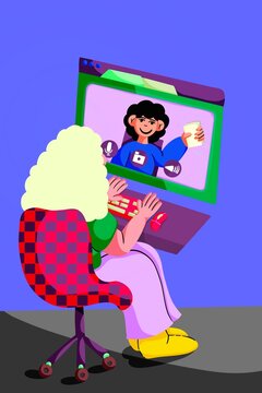 White-haired lady chats with her daughter by video call sitting on a checkered chair
