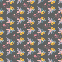 yellow and pink floral pattern with grey background seamless repeat pattern