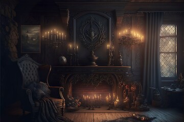 Gothic mansion victorian living room interior with wooden wall design illustration