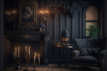 Gothic mansion victorian living room interior with wooden background design illustration - obrazy, fototapety, plakaty