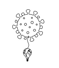Abstract sign of corona virus with globe light bulb as line drawing on white background. Vector