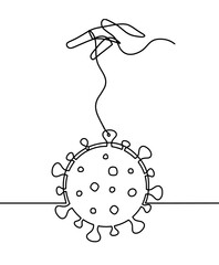 Abstract sign of corona virus with hand as line drawing on white background. Vector