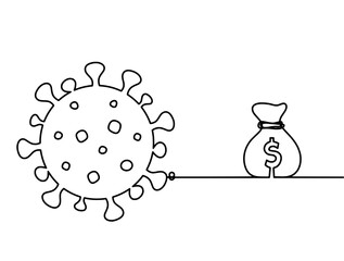 Abstract sign of corona virus with dollar as line drawing on white background. Vector