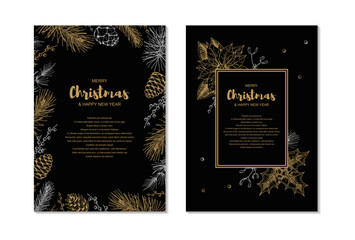 Naklejka na ściany i meble Two side Merry Christmas and Happy New Year vertical greeting card with hand drawn golden evergreen branches and cones on black background. Vector illustration in sketch style