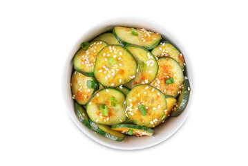 Spicy soy sauce cucumber salad in a bowl on a white isolated background