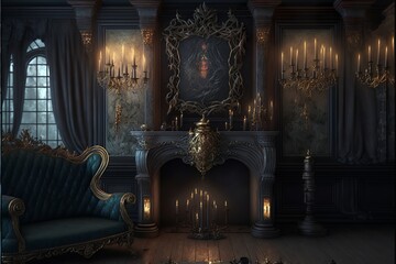 Gothic mansion victorian living room with picture frame interior design illustration - obrazy, fototapety, plakaty